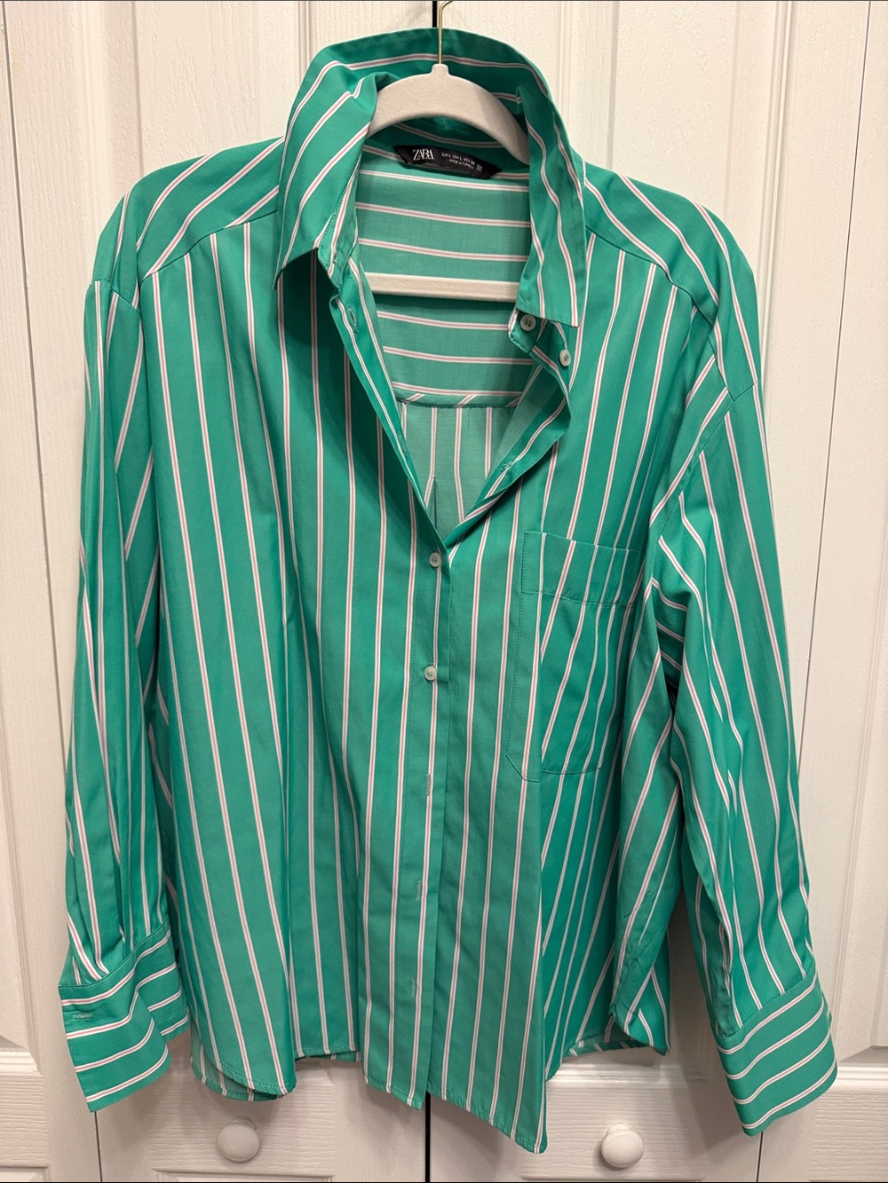 Zara Green & White Vertical Stripe Button-Down Shirt Size L